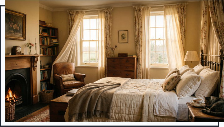 Cozy bedroom featuring picture windows that enhance natural light, elegant decor, a fireplace, and a comfortable armchair.