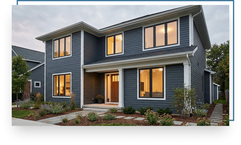Modern home with blue fiber cement siding, large windows, and landscaped front yard, showcasing curb appeal and durability.
