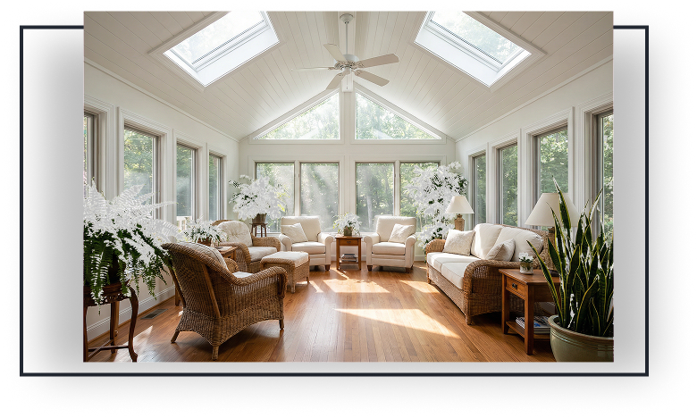 Bright sunroom with large windows, skylights, and comfortable seating, showcasing a cozy and inviting atmosphere for relaxation.