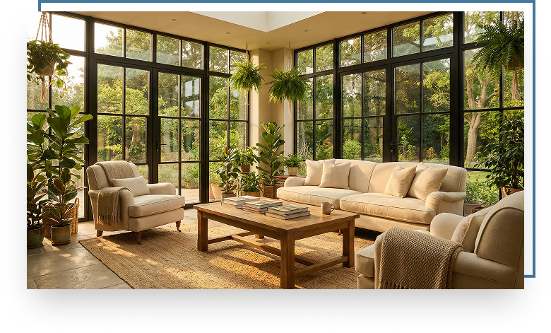Cozy sunroom with large glass windows, comfortable seating, and indoor plants, showcasing a bright and inviting space for relaxation and entertainment.