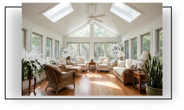 Bright sunlit sunroom with large windows, comfortable seating, and decorative plants, enhancing home aesthetics and comfort.