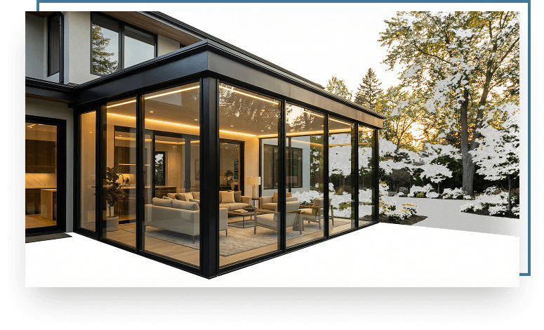 Modern bow window design with expansive glass panels, showcasing a bright interior living space, surrounded by a picturesque outdoor setting, enhancing natural light and curb appeal.