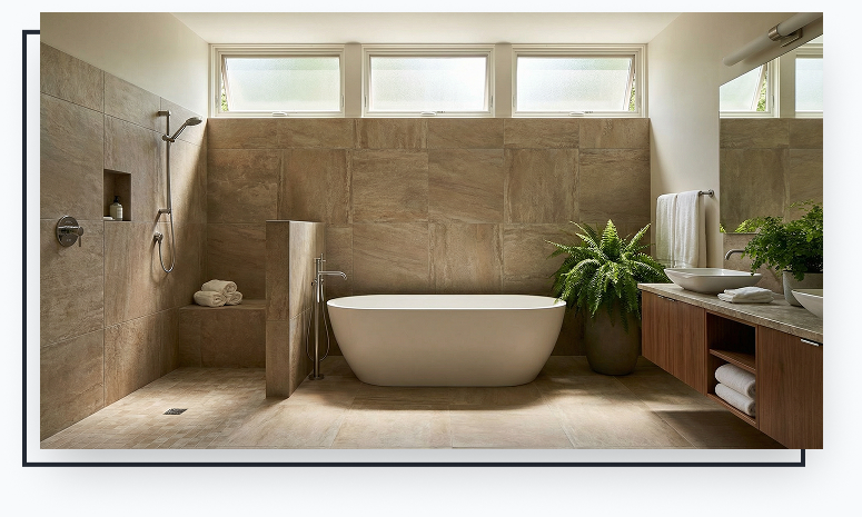 Modern bathroom featuring awning windows above a freestanding tub, natural light illuminating the space, and decorative plants enhancing the aesthetic.