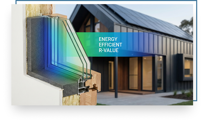 Triple pane window cross-section showcasing energy-efficient design with visible R-Value text overlay, modern home exterior in background.