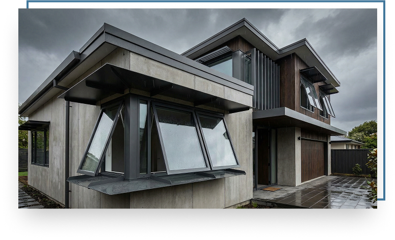 Awning windows on a modern home exterior, extending outwards for ventilation and natural light, showcasing sleek design and functionality in Kansas City.