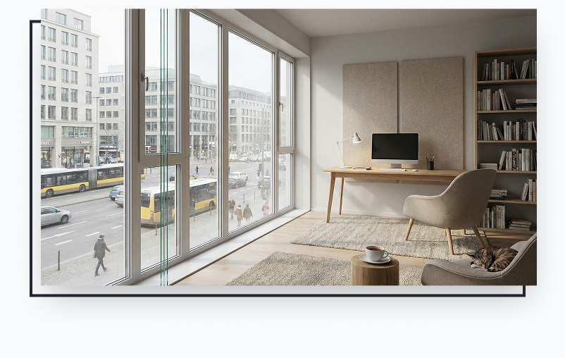 Modern interior featuring large triple-pane windows, showcasing energy efficiency and sound reduction, with a workspace and cozy seating area, overlooking a city street.