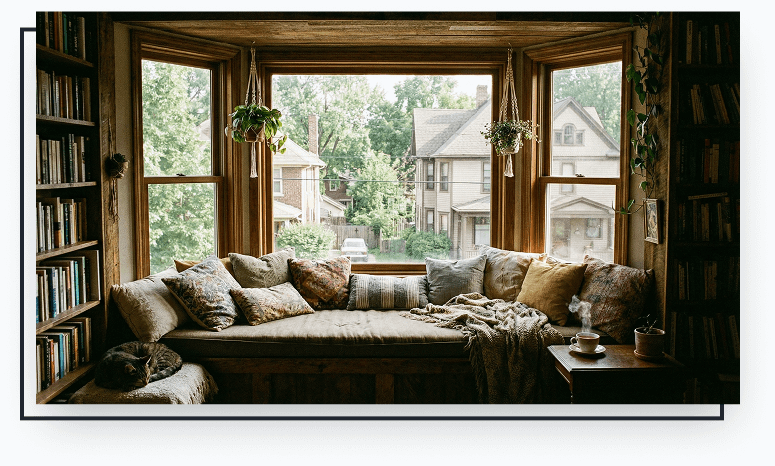 Cozy bay window alcove with plush cushions, bookshelves, and indoor plants, showcasing natural light and views of neighboring homes, enhancing architectural charm and inviting comfort.