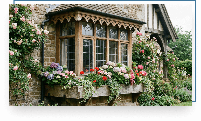 Bay window adorned with colorful flowers, showcasing architectural charm and natural light, enhancing a home's exterior appeal.