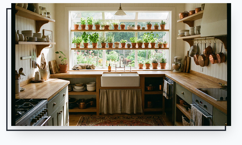Kitchen featuring a garden window with potted herbs and plants, natural light flooding in, farmhouse sink, and wooden countertops, emphasizing indoor gardening and home aesthetics.