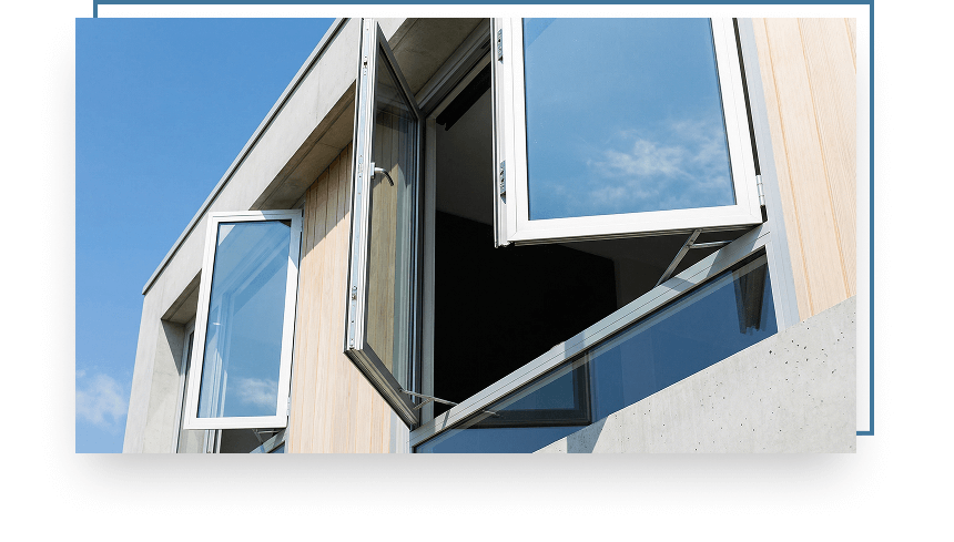 Casement windows opened outward showcasing maximum ventilation and unobstructed outdoor views, highlighting energy efficiency and modern design.