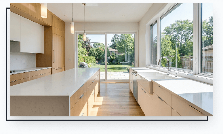 Modern kitchen with sliding windows, featuring sleek cabinetry and a large island, maximizing natural light and outdoor views.