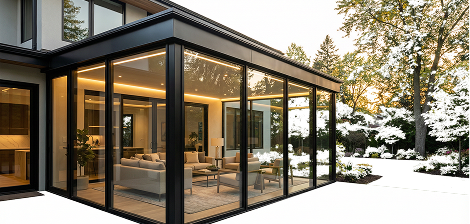 Modern sunroom with glass walls and cozy seating, surrounded by greenery, illustrating home improvement and outdoor living enhancements.