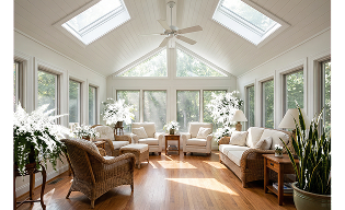 Bright and airy sunroom featuring skylights, comfortable white seating, and lush indoor plants, illustrating home improvement ideas for enhancing living spaces.