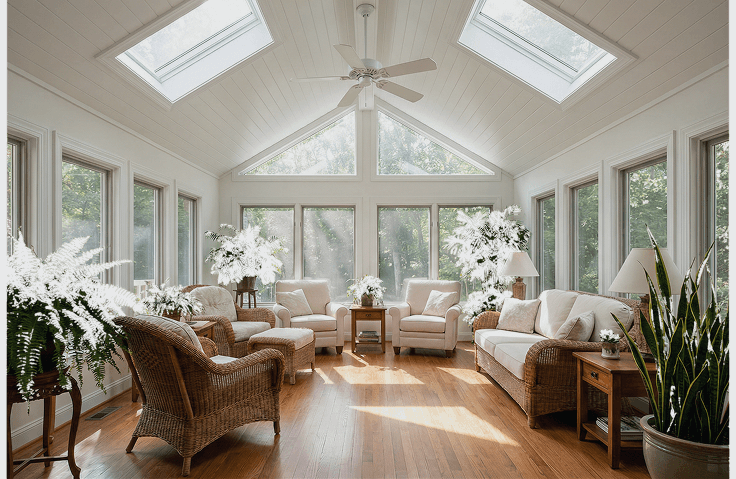 Custom-designed sunroom with natural light, comfortable seating, plants, and wooden flooring, enhancing living space for year-round enjoyment.