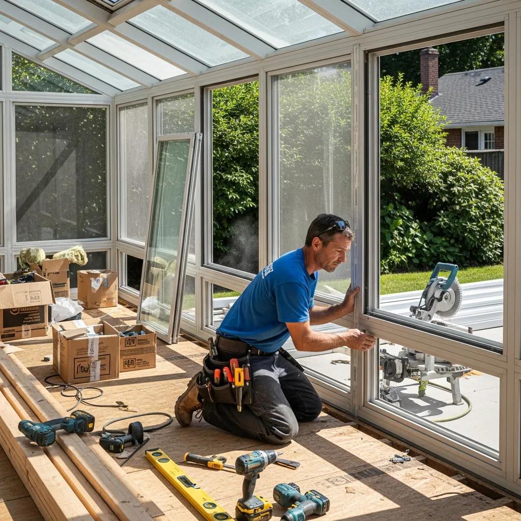 Contractor working on custom sunroom installation, highlighting craftsmanship and design process