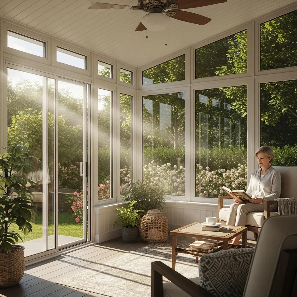 Cozy energy-efficient sunroom with insulated glass and natural light