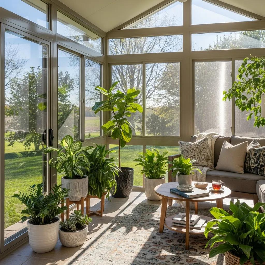 Energy-efficient sunroom with insulated glass, showcasing comfort and energy savings