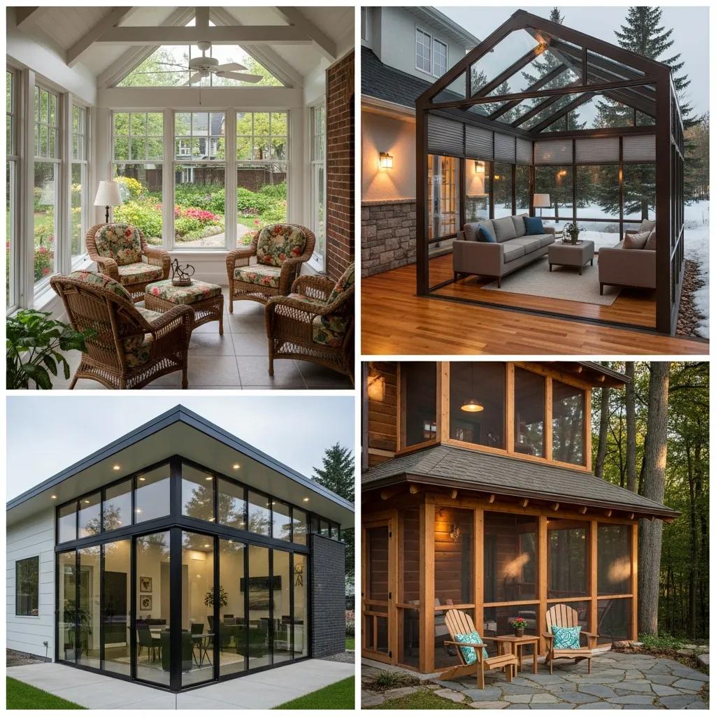 Variety of custom sunroom designs showcasing different styles and materials