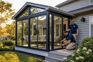 Custom patio enclosure and sunroom builders in Lenexa Kansas completing a four-season sunroom installation on a suburban Kansas City home