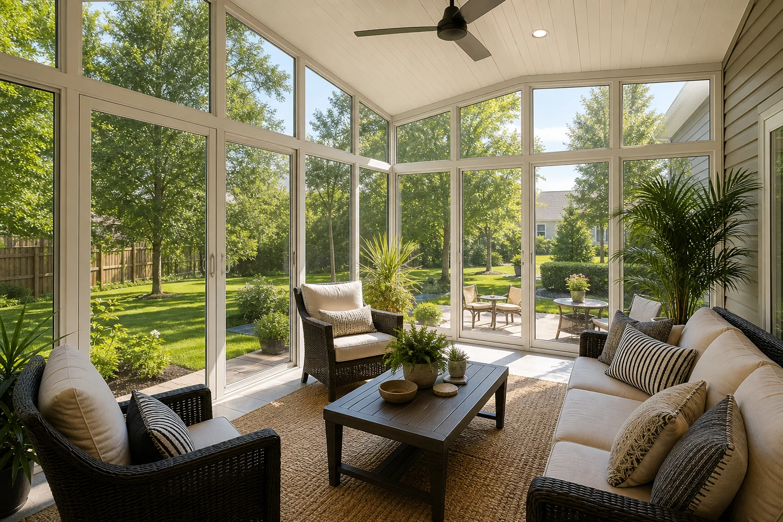 Finished four-season sunroom interior showing floor-to-ceiling glass panels and view of landscaped Kansas City backyard