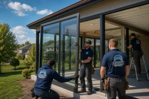 Horizon Exteriors KC crew performing insulated sunroom installation in Shawnee on a Kansas City suburban home