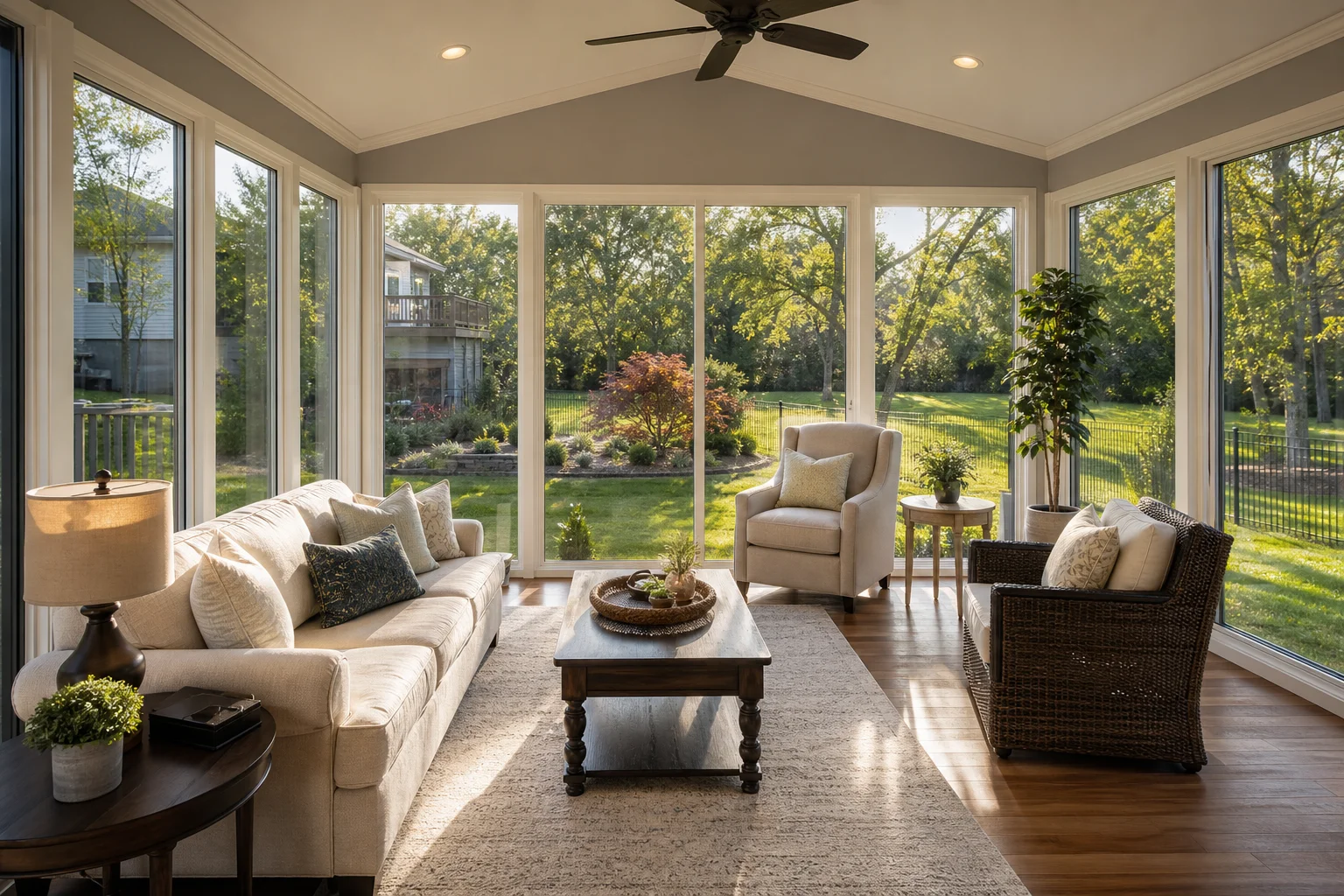 Completed insulated sunroom addition with large low-E glass panels on a Kansas City suburban home, warm natural light streaming through into a comfortable sitting area