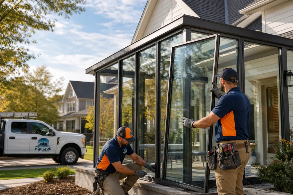 Contemporary sunroom design and build services in Overland Park with crew installing glass panels on a modern home addition