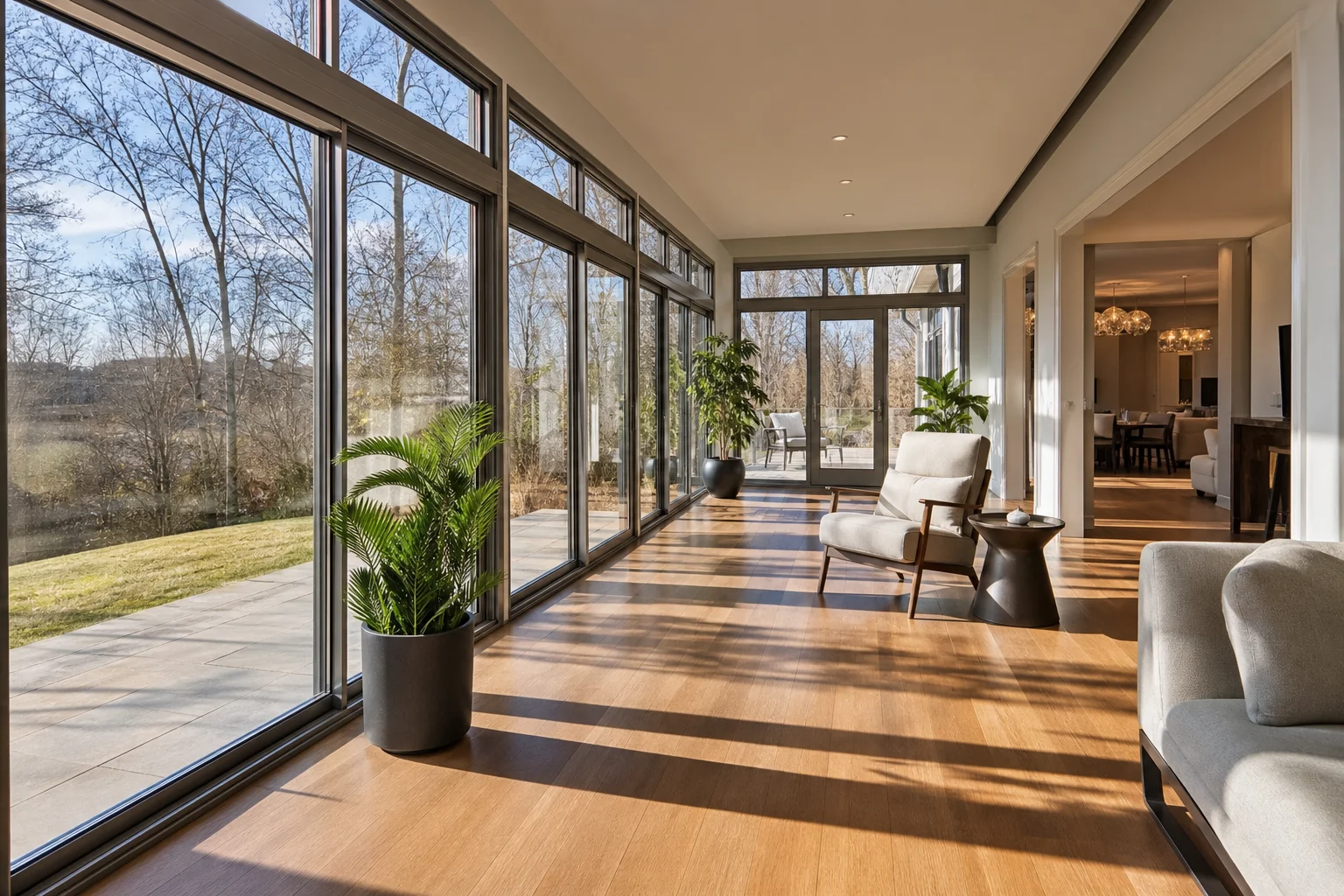 Interior of a completed contemporary sunroom addition in Overland Park with natural light streaming through floor-to-ceiling glass panels and slim modern aluminum framing