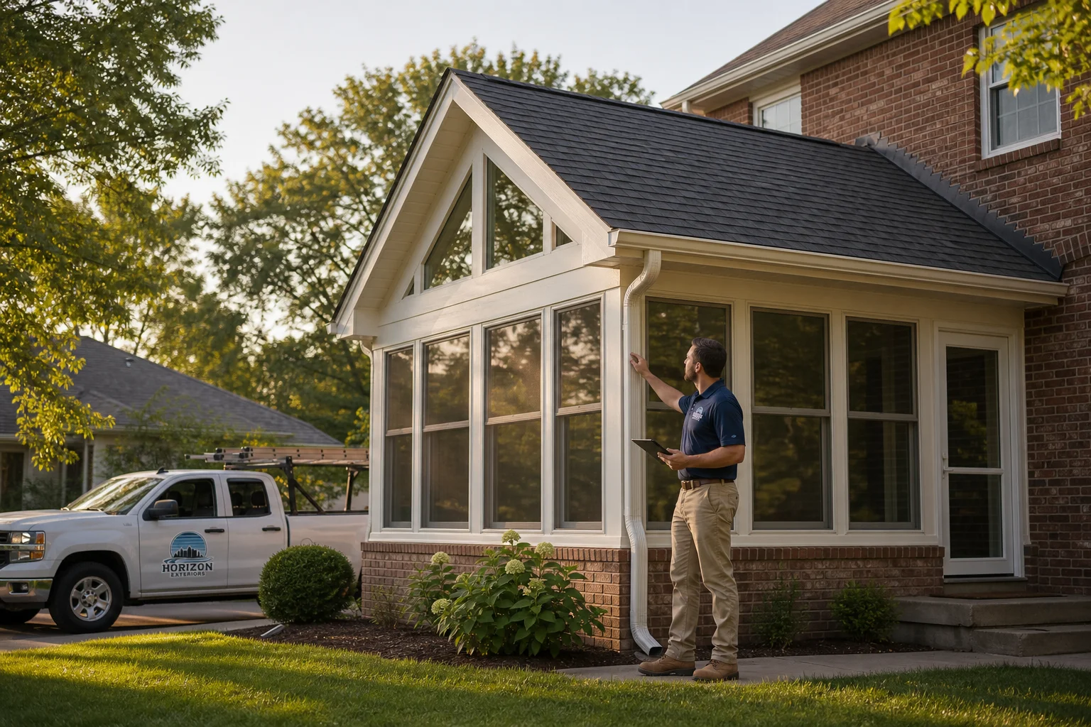 Gable roof sunroom construction in Kansas City metro area completed by Horizon Exteriors KC showing steep gable roofline and large thermally insulated windows