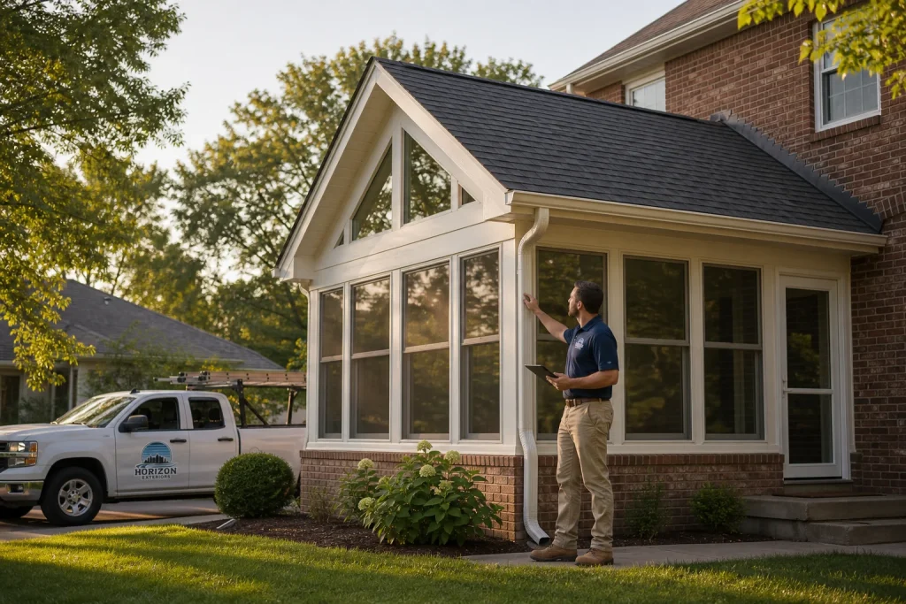 Gable roof sunroom construction in Kansas City metro area completed by Horizon Exteriors KC showing steep gable roofline and large thermally insulated windows