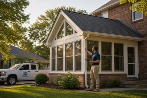 Gable roof sunroom construction in Kansas City metro area completed by Horizon Exteriors KC showing steep gable roofline and large thermally insulated windows