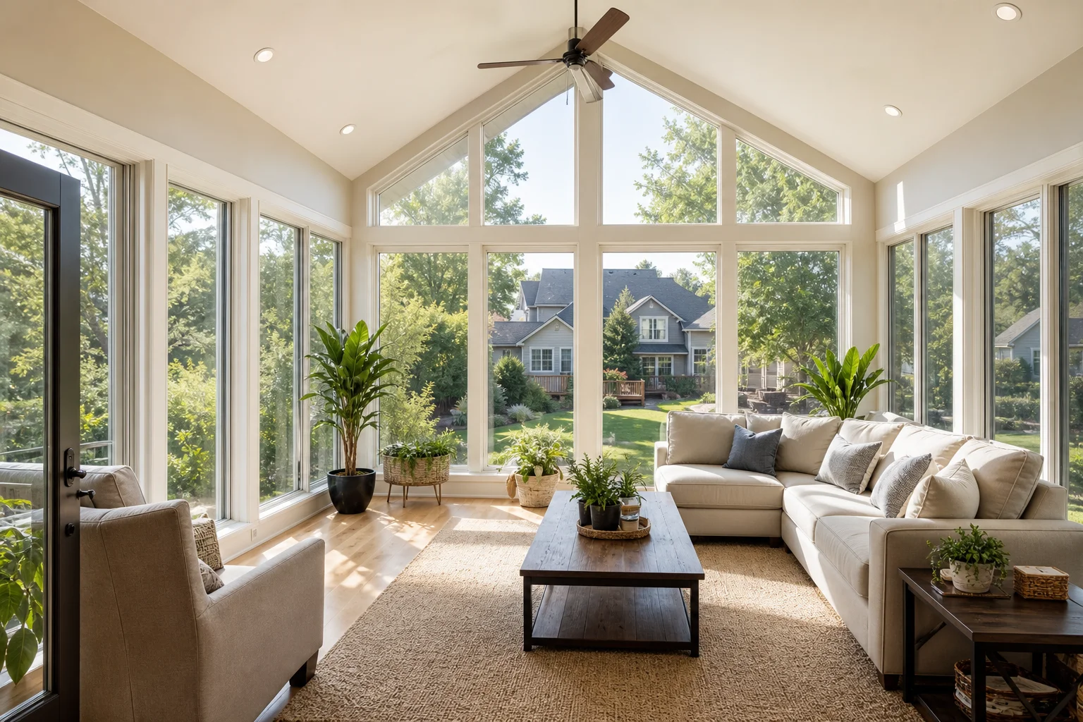 Interior view of a completed gable roof sunroom with vaulted ceiling and natural light streaming through tall insulated windows in a Kansas City home
