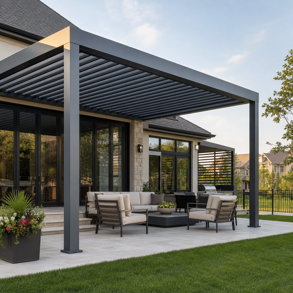 Aluminum louvered pergola over a patio on a Kansas City home