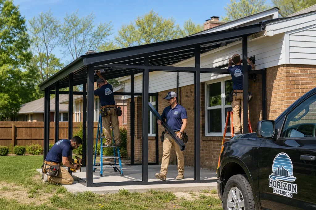 Studio roof sunroom installation services in Olathe KS with contractors framing a single-pitch glass sunroom addition on a suburban home