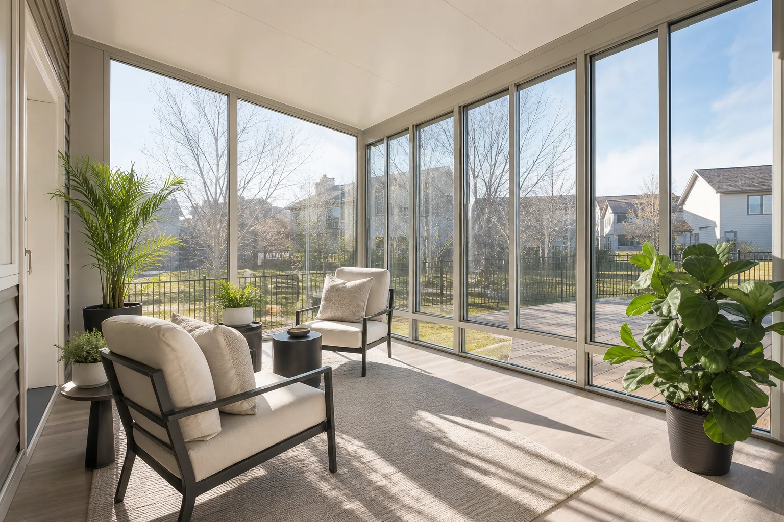 A bright four-season studio roof sunroom interior with floor-to-ceiling low-E glass panels, clean aluminum framing, and natural light flooding a furnished sitting area in an Olathe, KS home