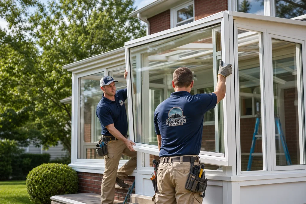 Sunroom replacement and renovation contractors in Lee's Summit installing new insulated glass panels on a Kansas City suburban home