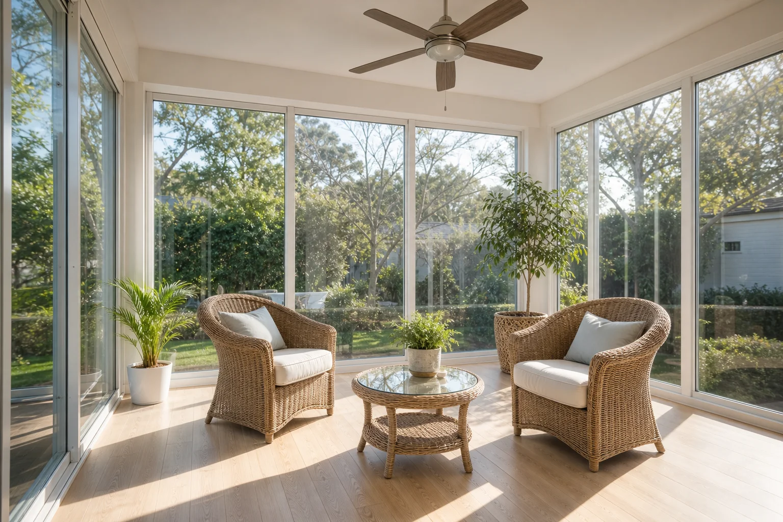 Bright sunroom renovation in Lee's Summit with new energy-efficient insulated glass panels and a fresh interior design