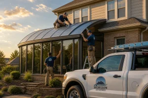 Curved eave sunroom construction in Independence, Missouri on a suburban Kansas City home