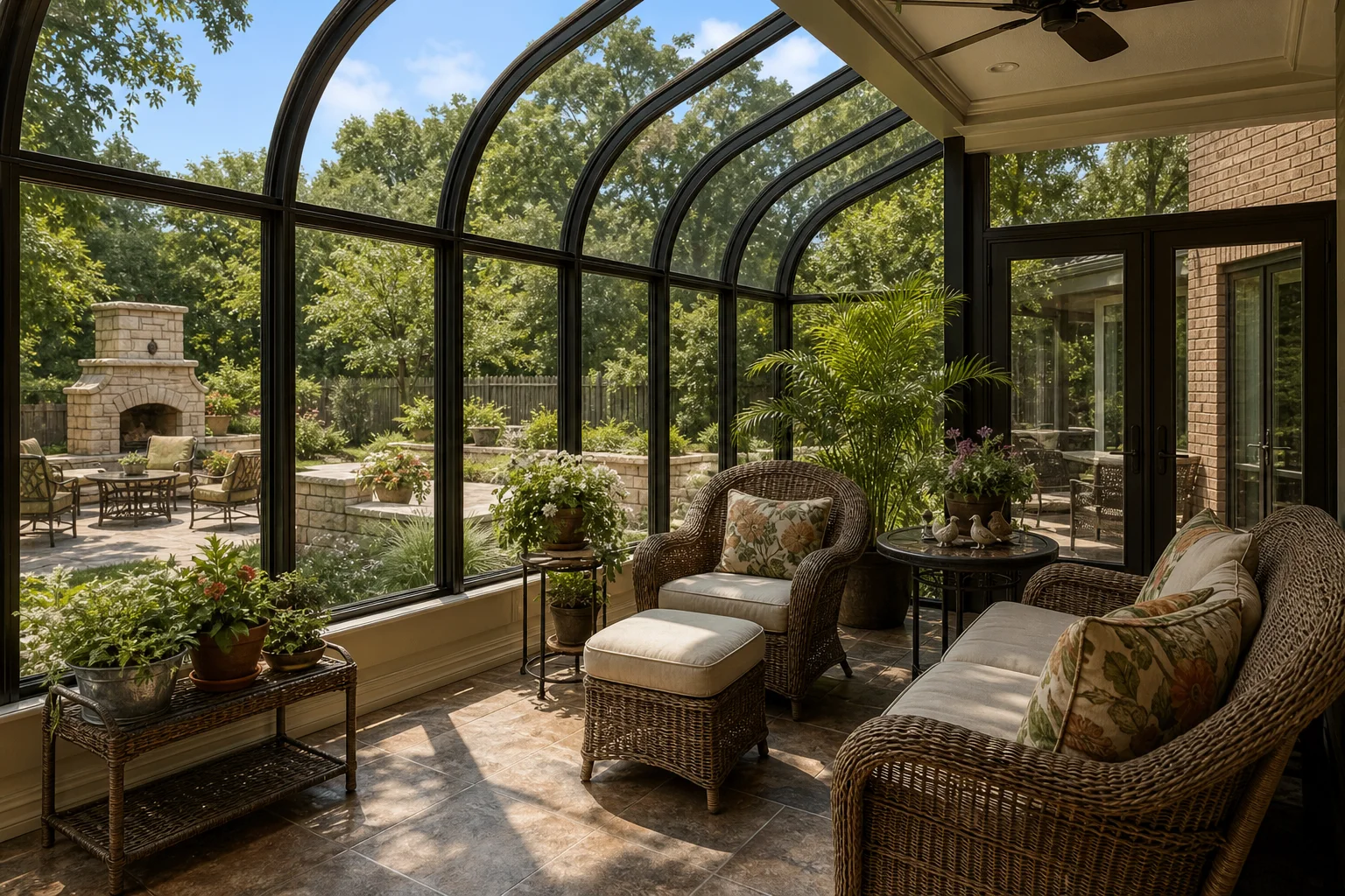 Bright sunroom interior with natural light streaming through curved eave glass roof