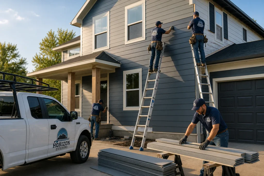 Horizon Exteriors KC crew installing fiber cement siding on a Kansas City home to show how to choose the right siding for your Kansas City home