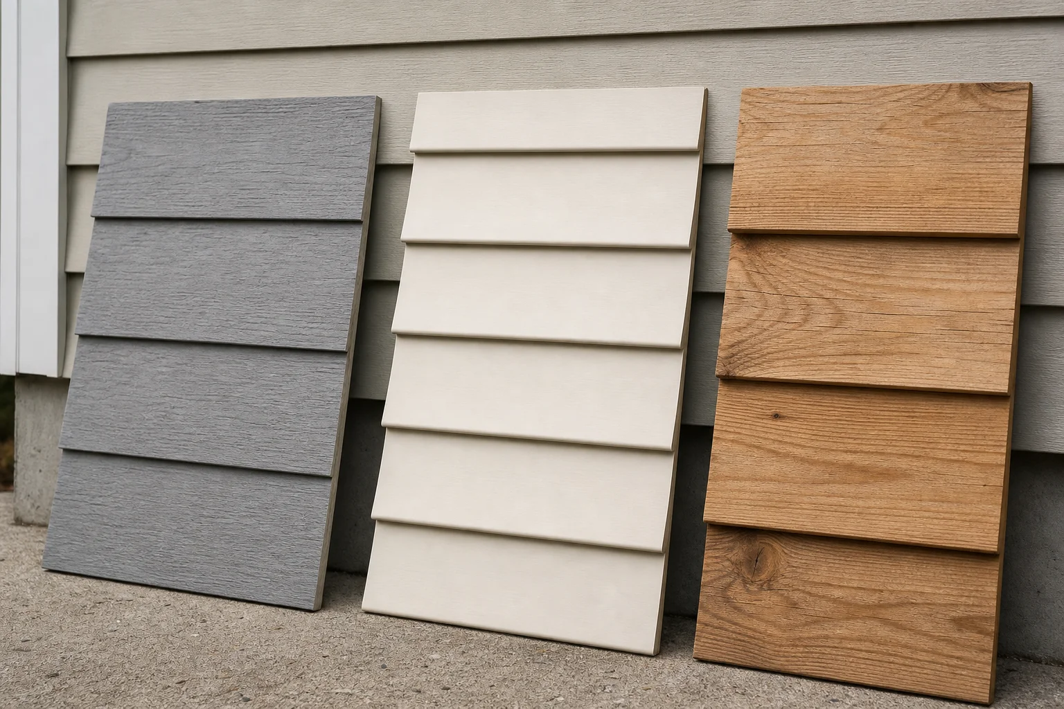 Close-up comparison of fiber cement, vinyl, and wood siding material samples for a Kansas City home