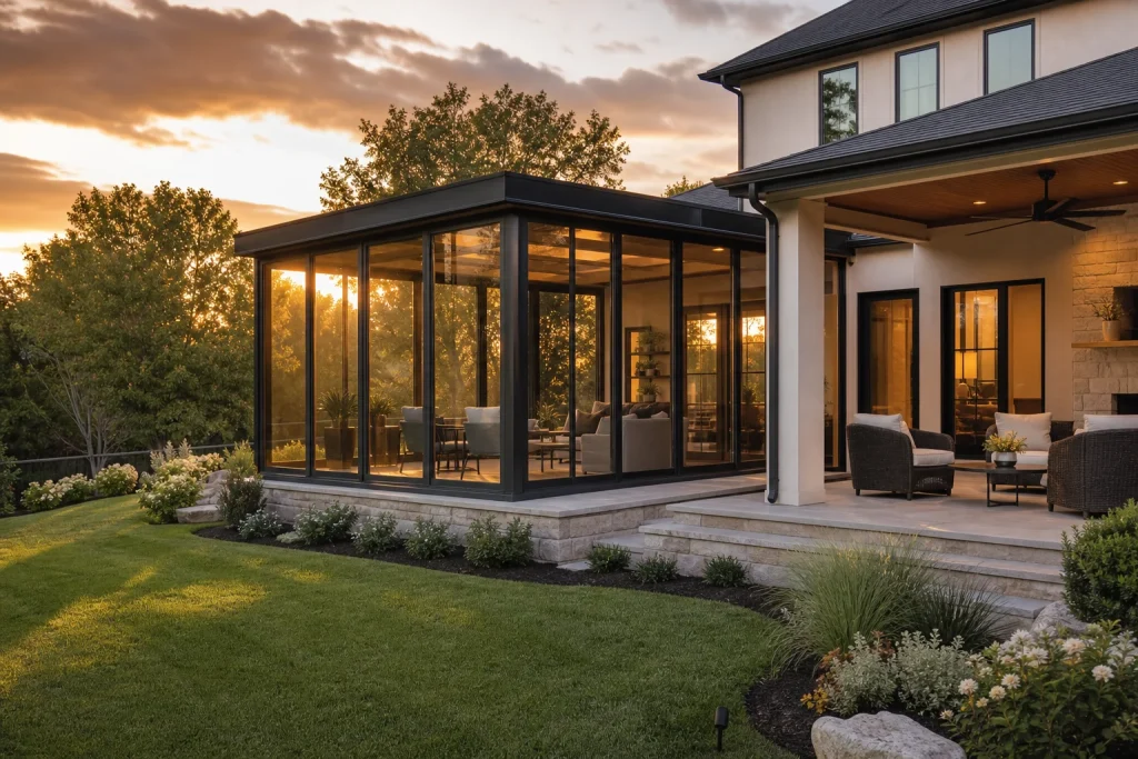 Glass sunroom addition on a Kansas City home, one option in the sunroom vs screened porch vs patio enclosure vs pergola comparison