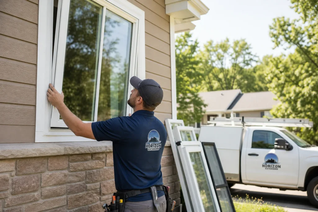 Contractor installing vinyl vs. fiberglass replacement windows on a Kansas City home