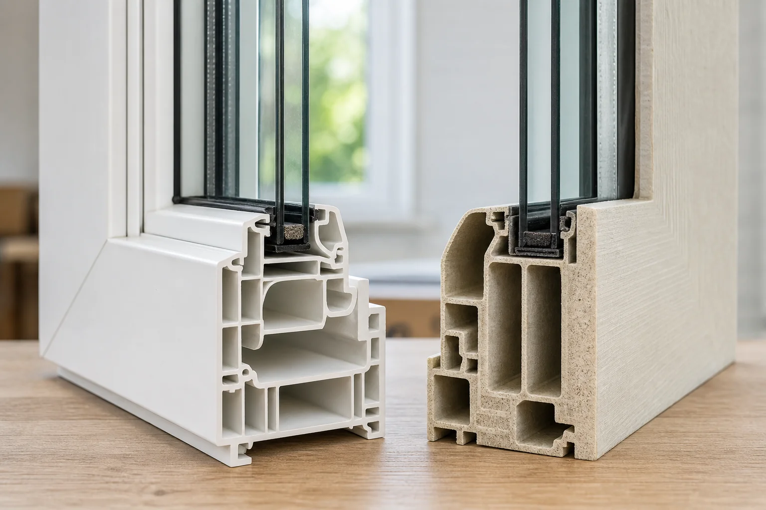 Close-up comparison of vinyl and fiberglass window frame materials