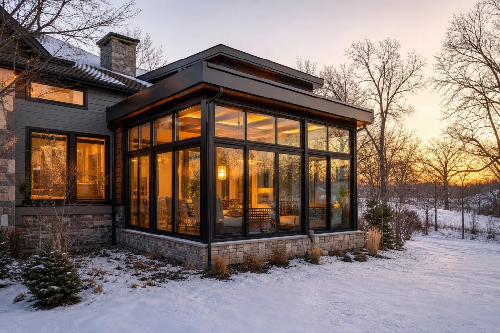 Year-round sunroom addition on a Kansas City home glowing warmly against a snowy backyard