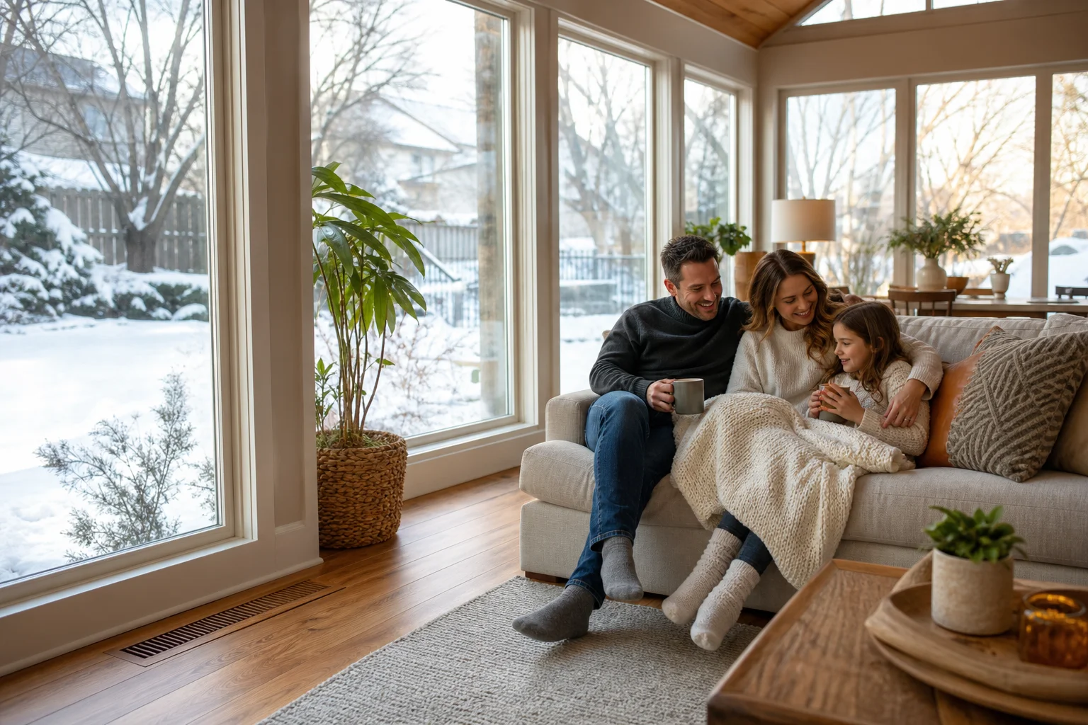 Family relaxing inside an insulated, heated Kansas City sunroom during winter