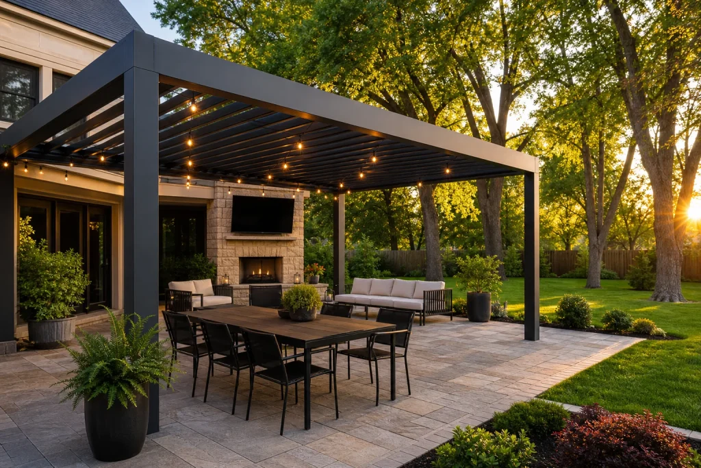 Aluminum pergola over a stone patio in a Kansas City backyard illustrating the aluminum vs wood pergola comparison