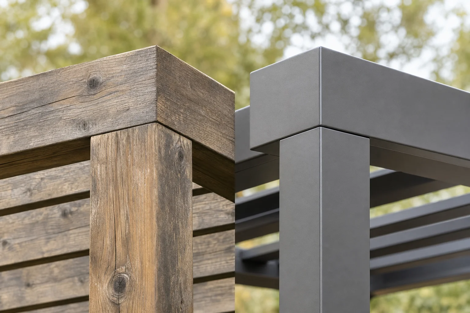 Side-by-side comparison of a weathered wood pergola beam and a powder-coated aluminum pergola beam in a Kansas City backyard