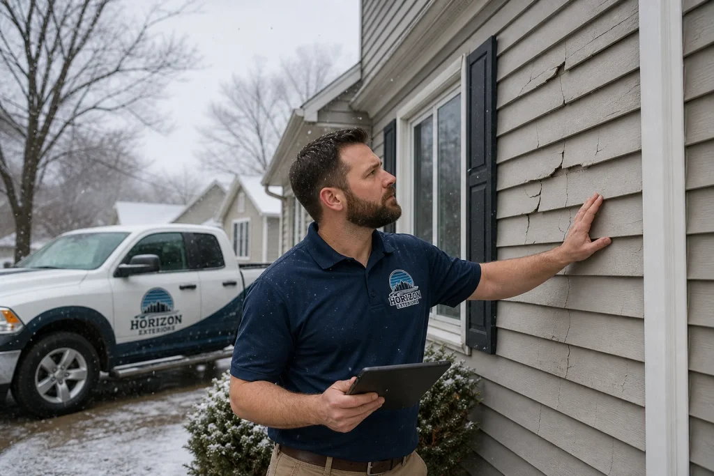 Horizon Exteriors KC crew member inspecting cracked vinyl siding on a Kansas City home before winter