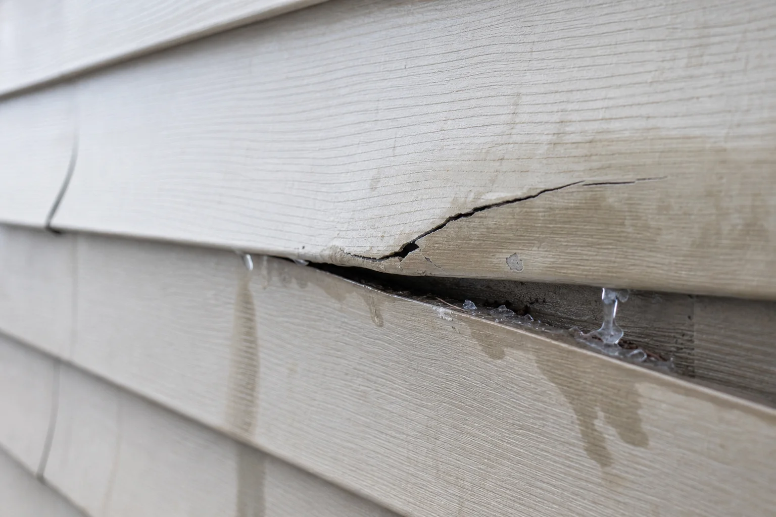 Close-up of cracked and warped vinyl siding panels with a visible gap and water staining on a Kansas City home